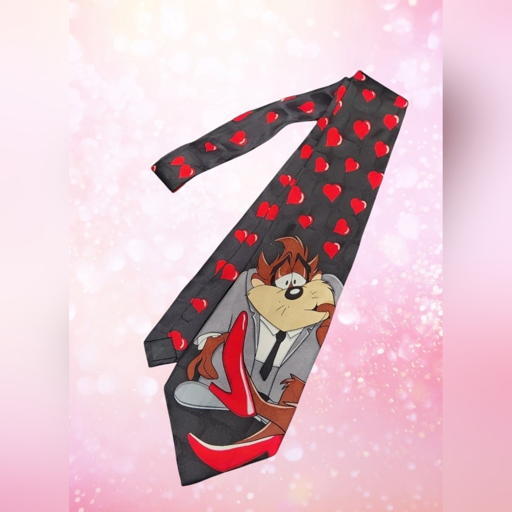 Vintage LOONEY TUNES 1996 Tie Tasmanian Devil Red Hearts Black & Red 59" Long